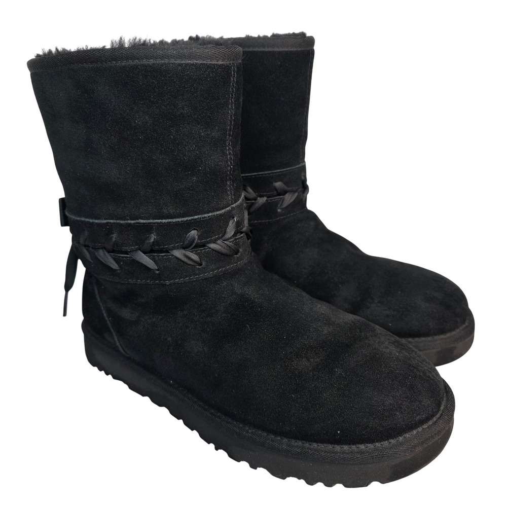 UGG Classic Short Woven Ribbon Bow Black Suede Boots 1103757 Womens 10 NICE!